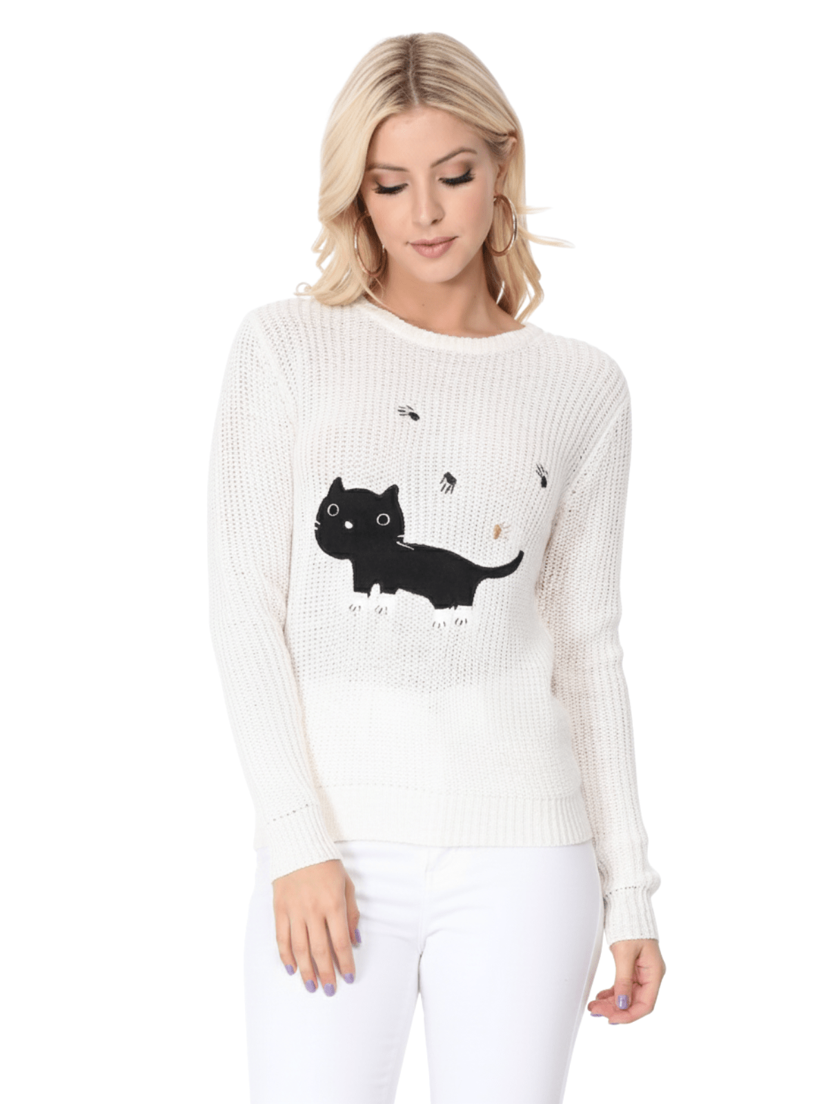 Crewneck Black Cat Applique Embroidery Knit Pullover Sweater MK8207 (S-L)
