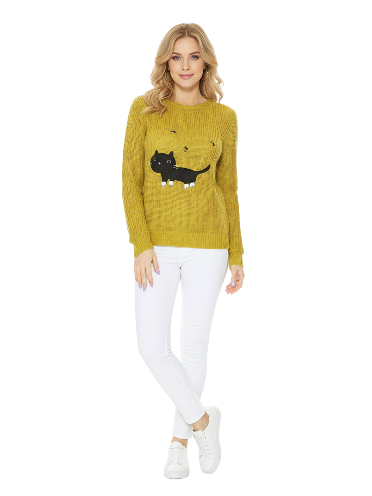 Crewneck Black Cat Applique Embroidery Knit Pullover Sweater MK8207 (S-L)