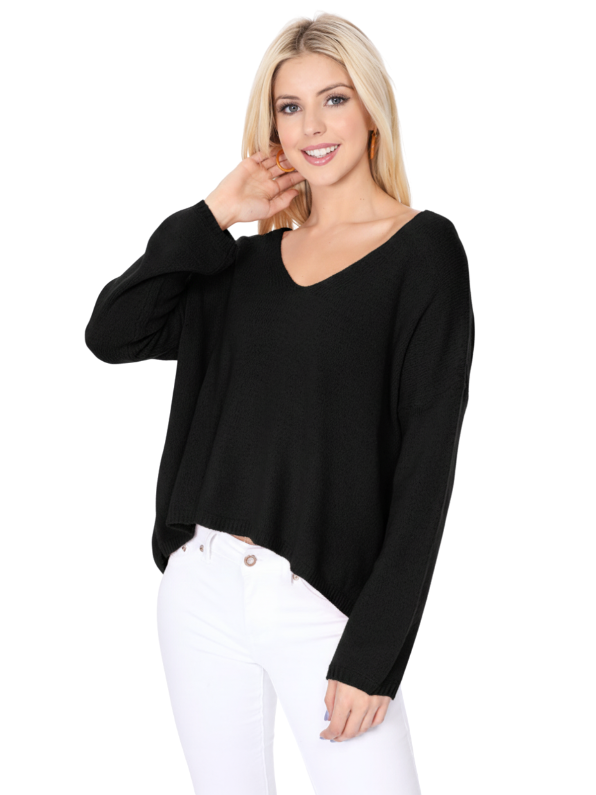 Wide V-Neck Oversized Sweater Top with Side Slit MK8219 (S-L)