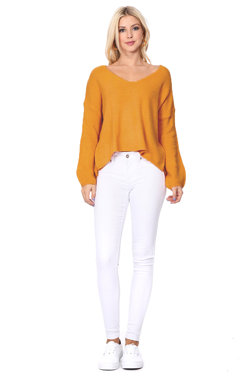 Wide V-Neck Oversized Sweater Top with Side Slit MK8219 (S-L)