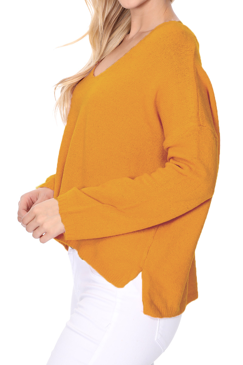 Wide V-Neck Oversized Sweater Top with Side Slit MK8219 (S-L)