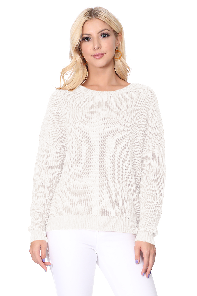 Waffle Stitch Bat Wing Bow Back Pullover Sweater MK8224 (S-L)