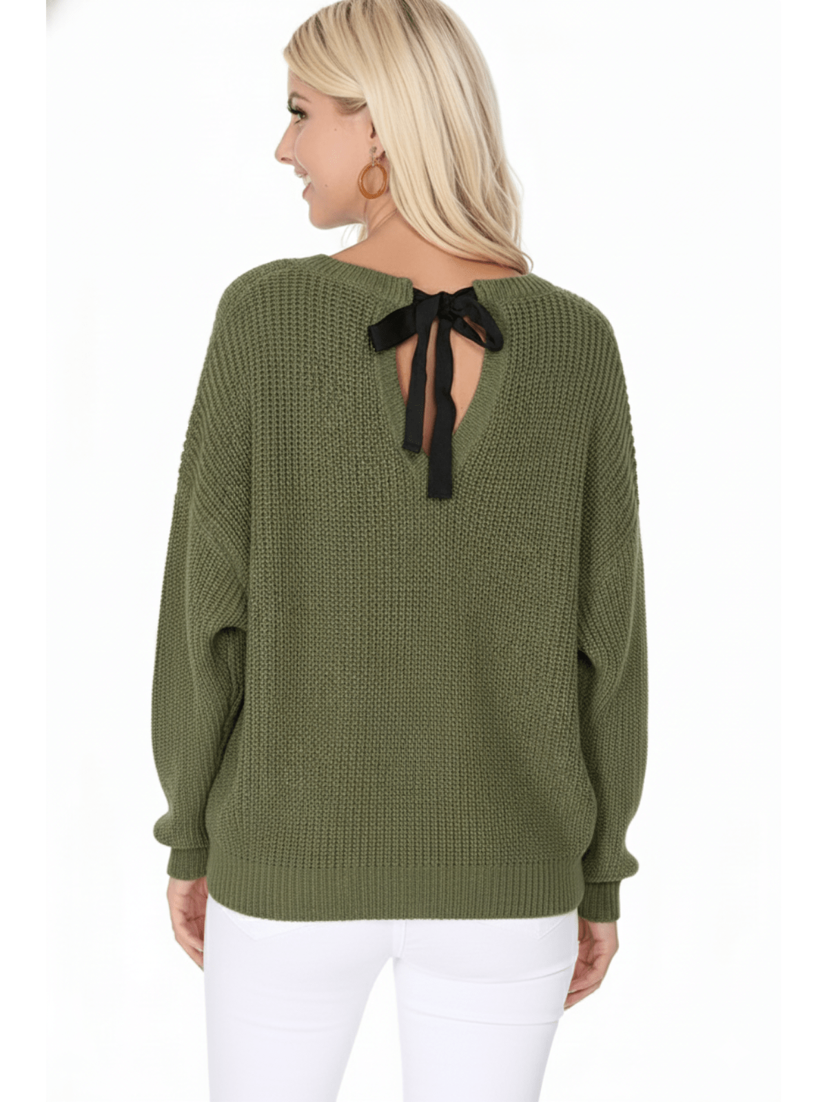 Waffle Stitch Bat Wing Bow Back Pullover Sweater MK8224 (S-L)