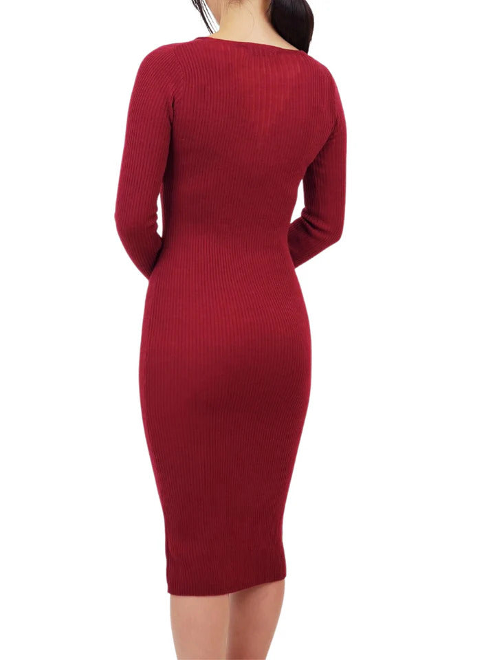 V-Neck Sheer Ribbed Knit Long Sleeve Sweater Dress MK8007 (S-L)