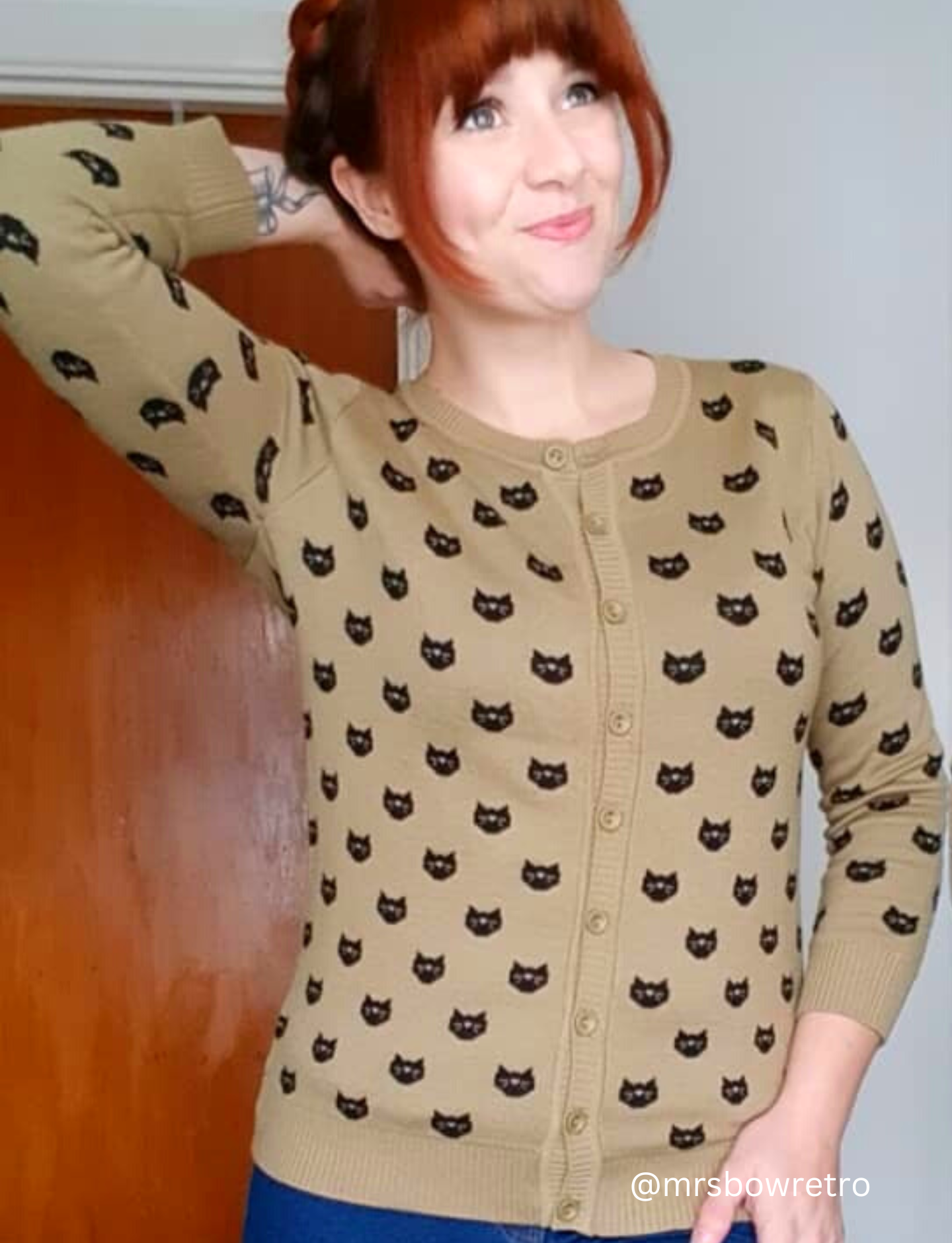 3/4 Sleeve Crewneck Cat Pattern Stylish Cardigan Sweater MK3466 (S-L)