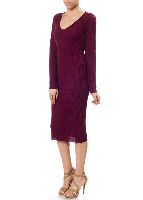 V-Neck Sheer Ribbed Knit Long Sleeve Sweater Dress MK8007 (S-L)