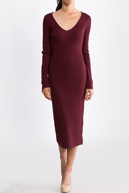 V-Neck Sheer Ribbed Knit Long Sleeve Sweater Dress MK8007 (S-L)