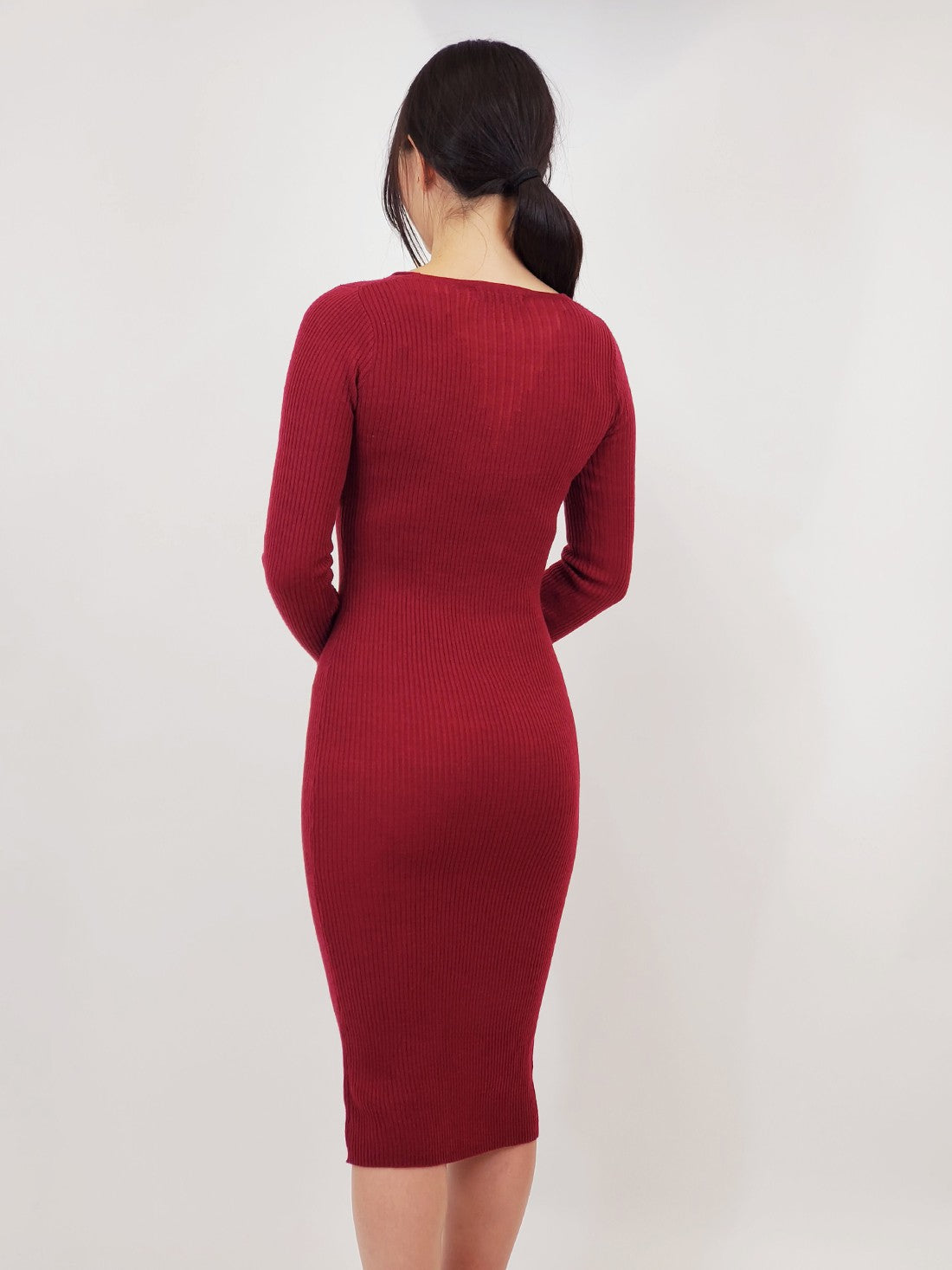 V-Neck Sheer Ribbed Knit Long Sleeve Sweater Dress MK8007 (S-L)