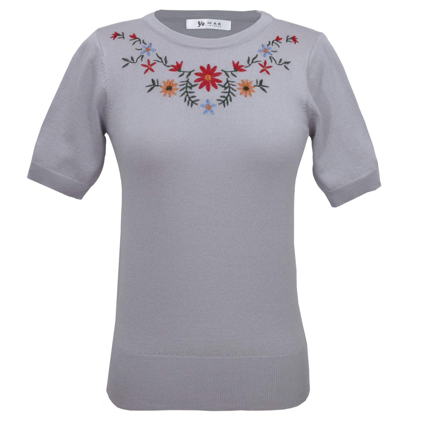 Half Sleeve Daisy Flower Embroidered Knit Pullover Tee MK3664EMBO(S-XL)