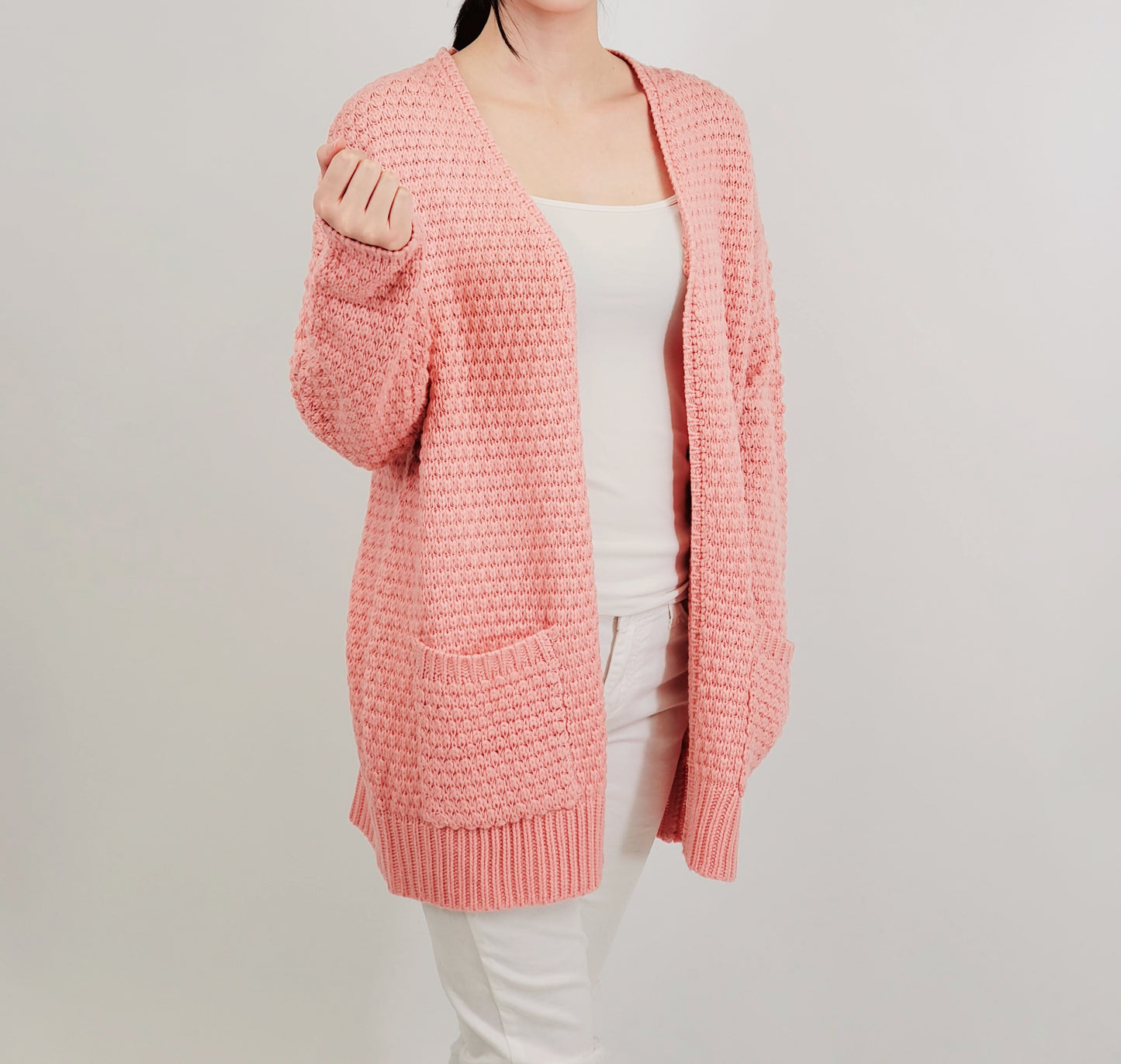 Open Front Pop Corn Knit Oversize Pocket Cardigan HK8145 (S/M-M/L)