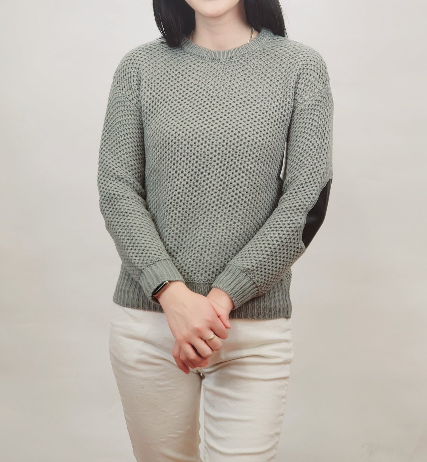 Honeycomb Stitch Sweater Top with Elbow Patch MK3354 (S-L)
