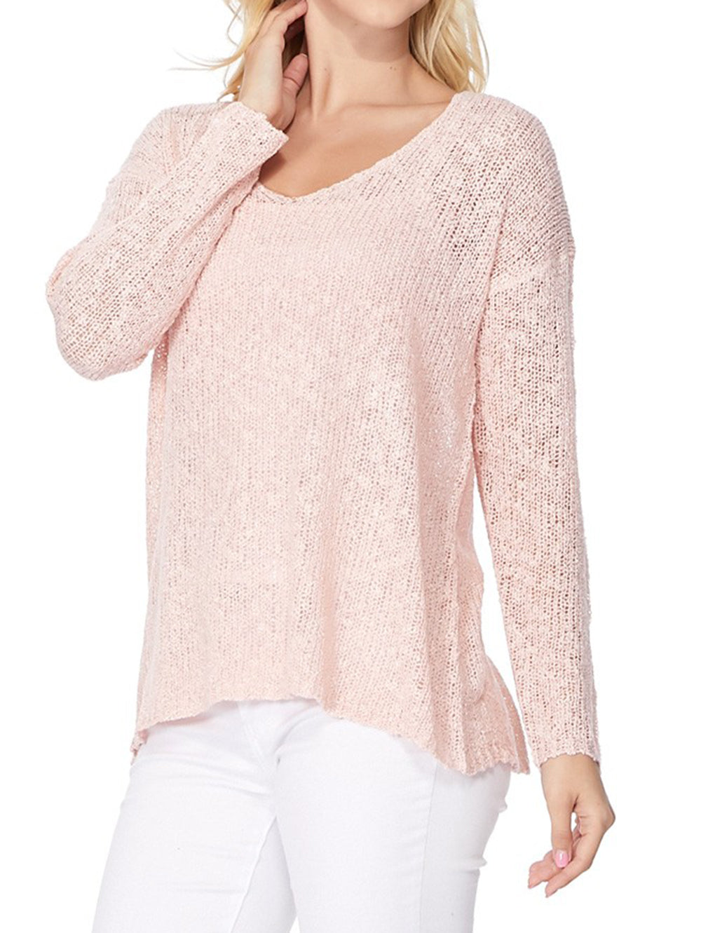 V Neck Long Sleeve Knit Top Loose Pullover Summer Sweater MK3392 (S-L)