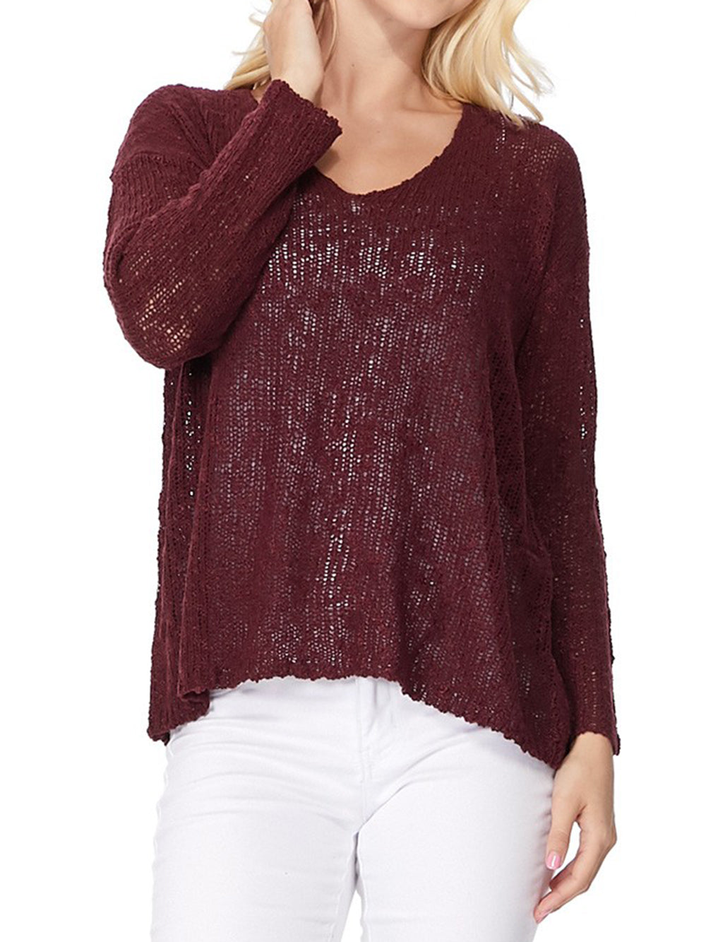 V Neck Long Sleeve Knit Top Loose Pullover Summer Sweater MK3392 (S-L)