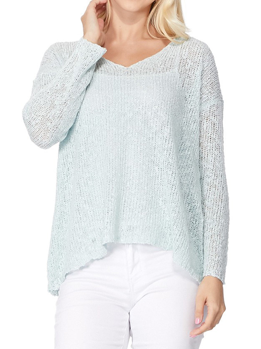 V Neck Long Sleeve Knit Top Loose Pullover Summer Sweater MK3392 (S-L)