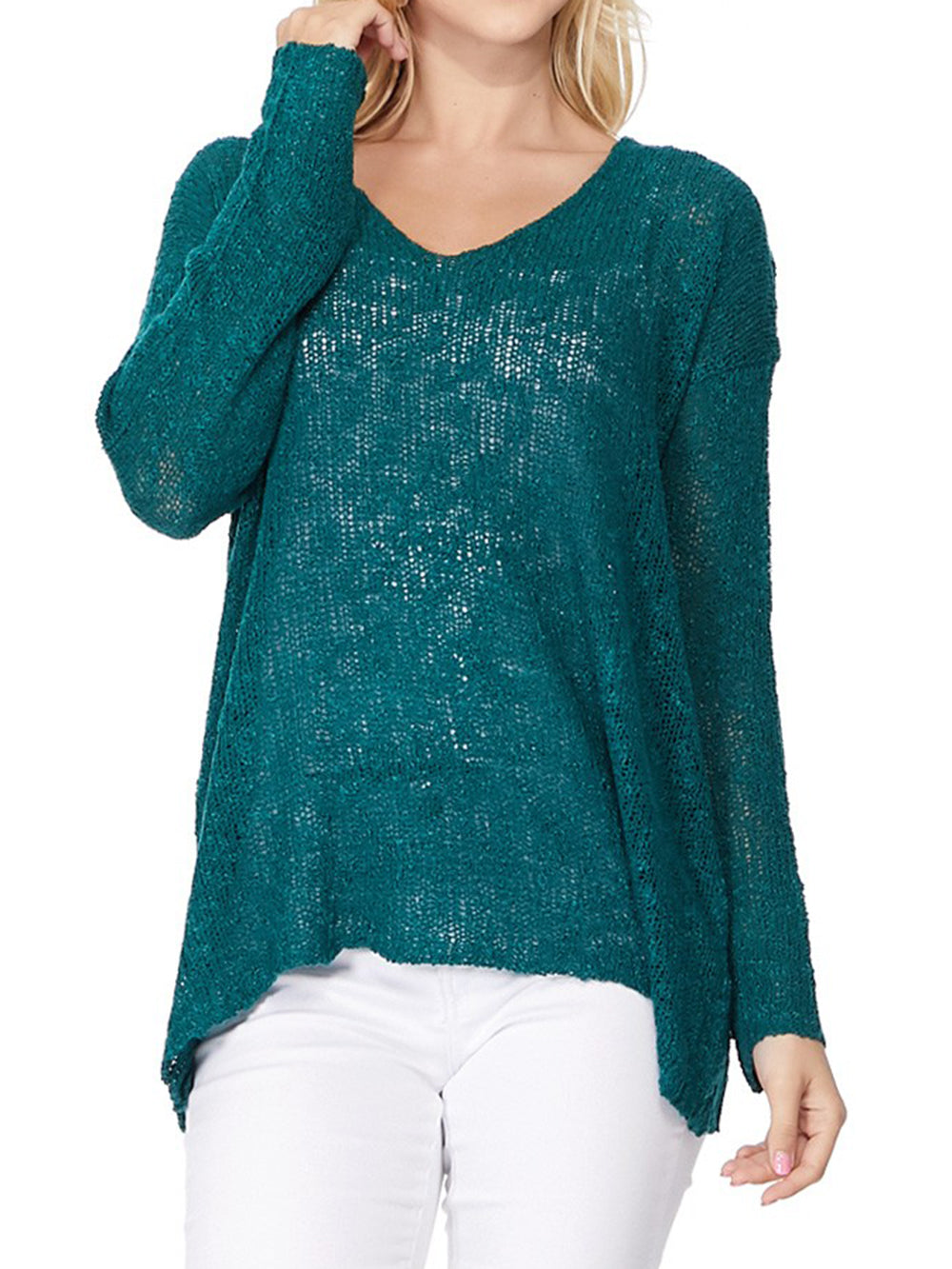 V Neck Long Sleeve Knit Top Loose Pullover Summer Sweater MK3392 (S-L)