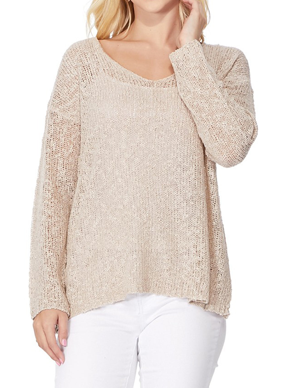 V Neck Long Sleeve Knit Top Loose Pullover Summer Sweater MK3392 (S-L)