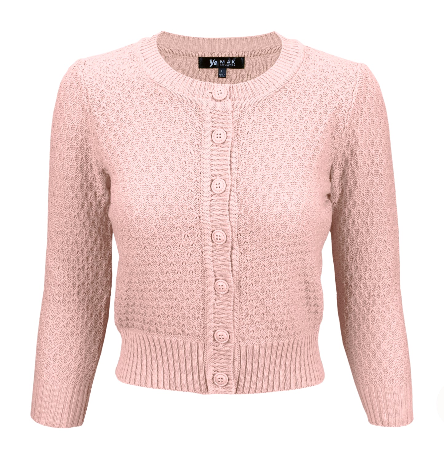 3/4 Sleeve Crewneck Crochet Knit Cropped Cardigan Sweater MK3514Y