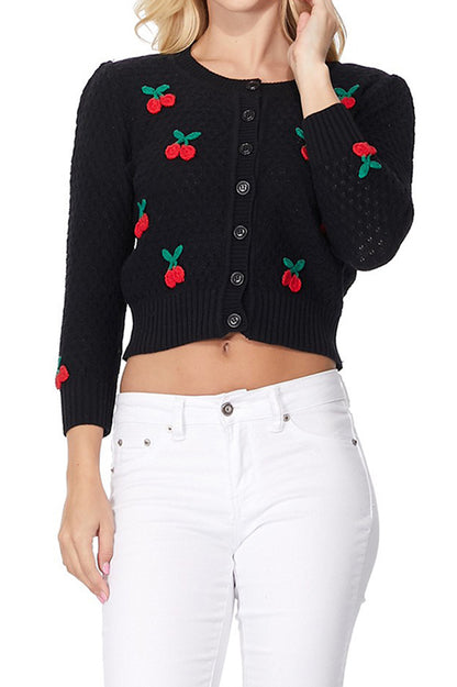 3/4 Sleeve Crewneck Crochet Knit Cropped Cardigan Sweater MK3515 (S-L)