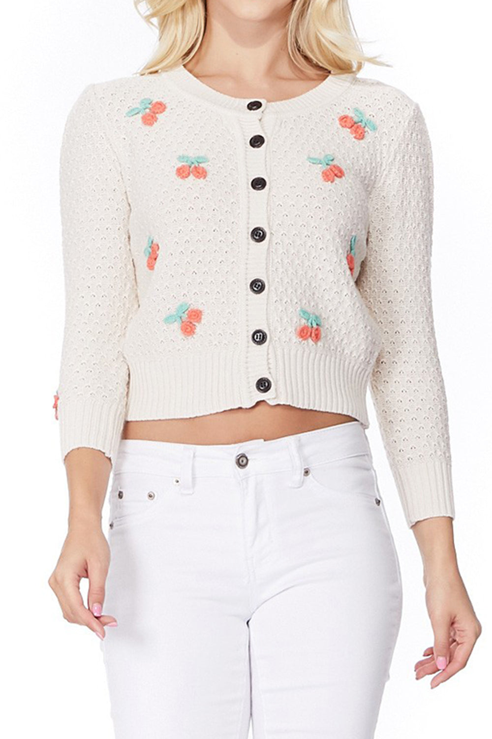 3/4 Sleeve Crewneck Crochet Knit Cropped Cardigan Sweater MK3515 (S-L)