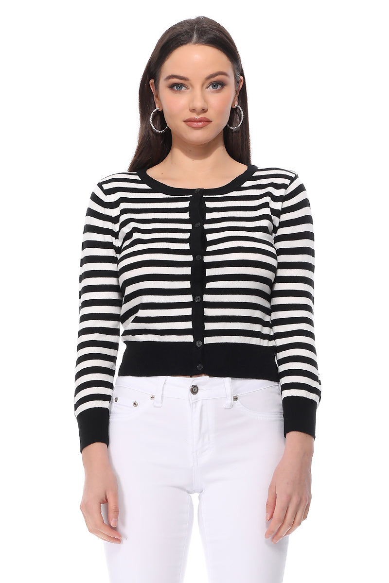 Women's 3/4 Sleeve Crewneck Striped Regular Fit Button-Down Sweater Cardigan MK3521 (S-L)