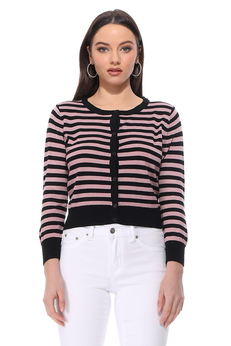 Women's 3/4 Sleeve Crewneck Striped Regular Fit Button-Down Sweater Cardigan MK3521 (S-L)