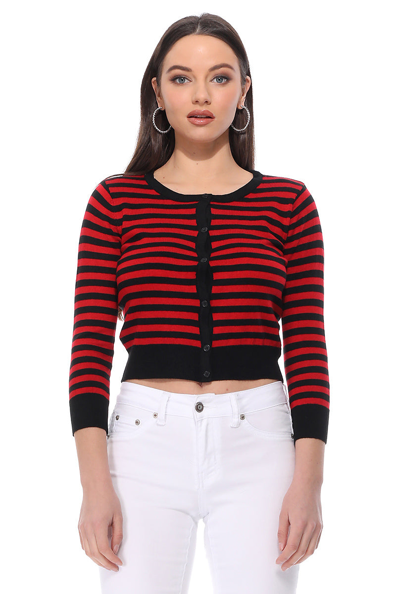 Women's 3/4 Sleeve Crewneck Striped Regular Fit Button-Down Sweater Cardigan MK3521 (S-L)