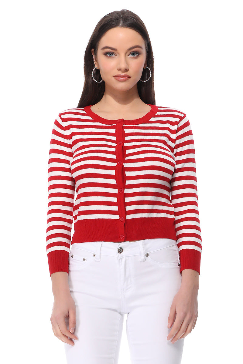 Women's 3/4 Sleeve Crewneck Striped Regular Fit Button-Down Sweater Cardigan MK3521 (S-L)