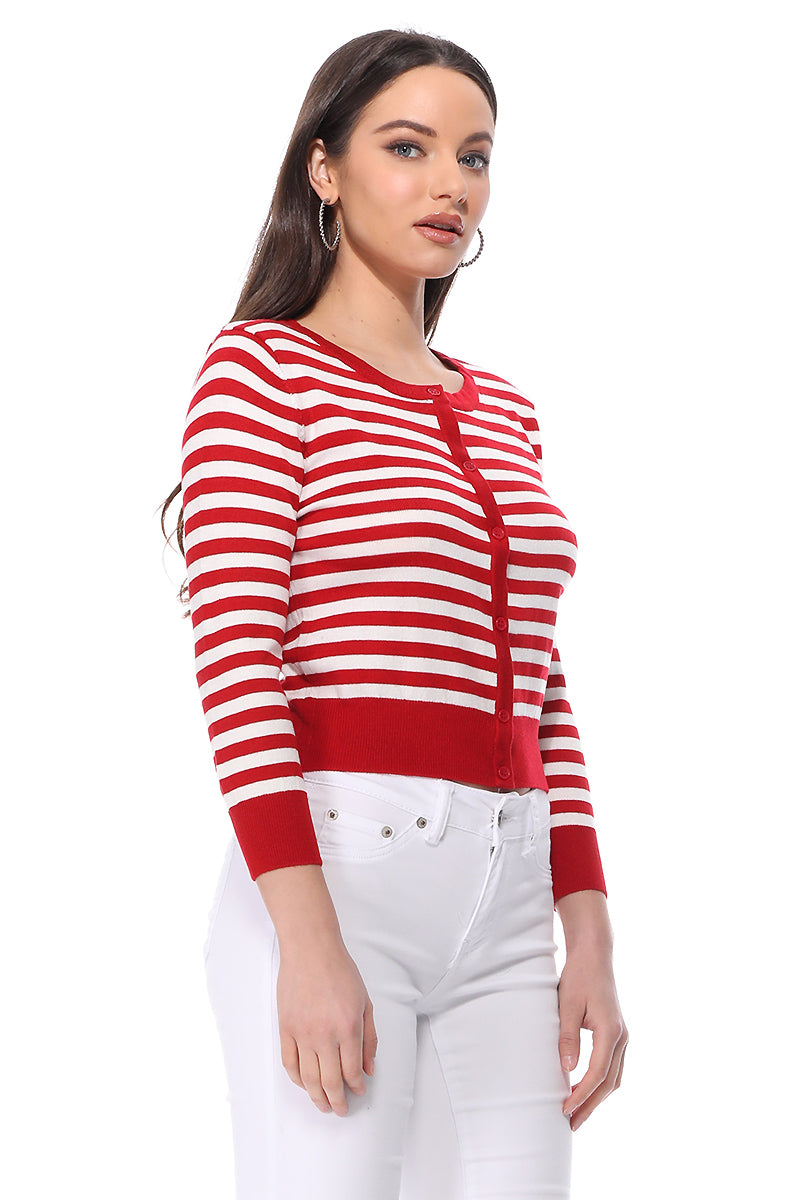 Women's 3/4 Sleeve Crewneck Striped Regular Fit Button-Down Sweater Cardigan MK3521 (S-L)