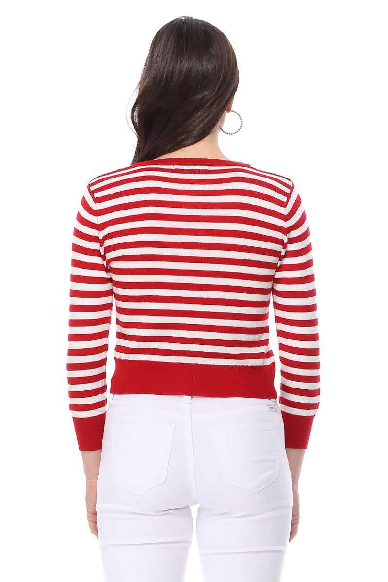 Women's 3/4 Sleeve Crewneck Striped Regular Fit Button-Down Sweater Cardigan MK3521 (S-L)