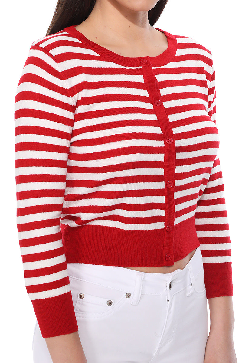 Women's 3/4 Sleeve Crewneck Striped Regular Fit Button-Down Sweater Cardigan MK3521 (S-L)