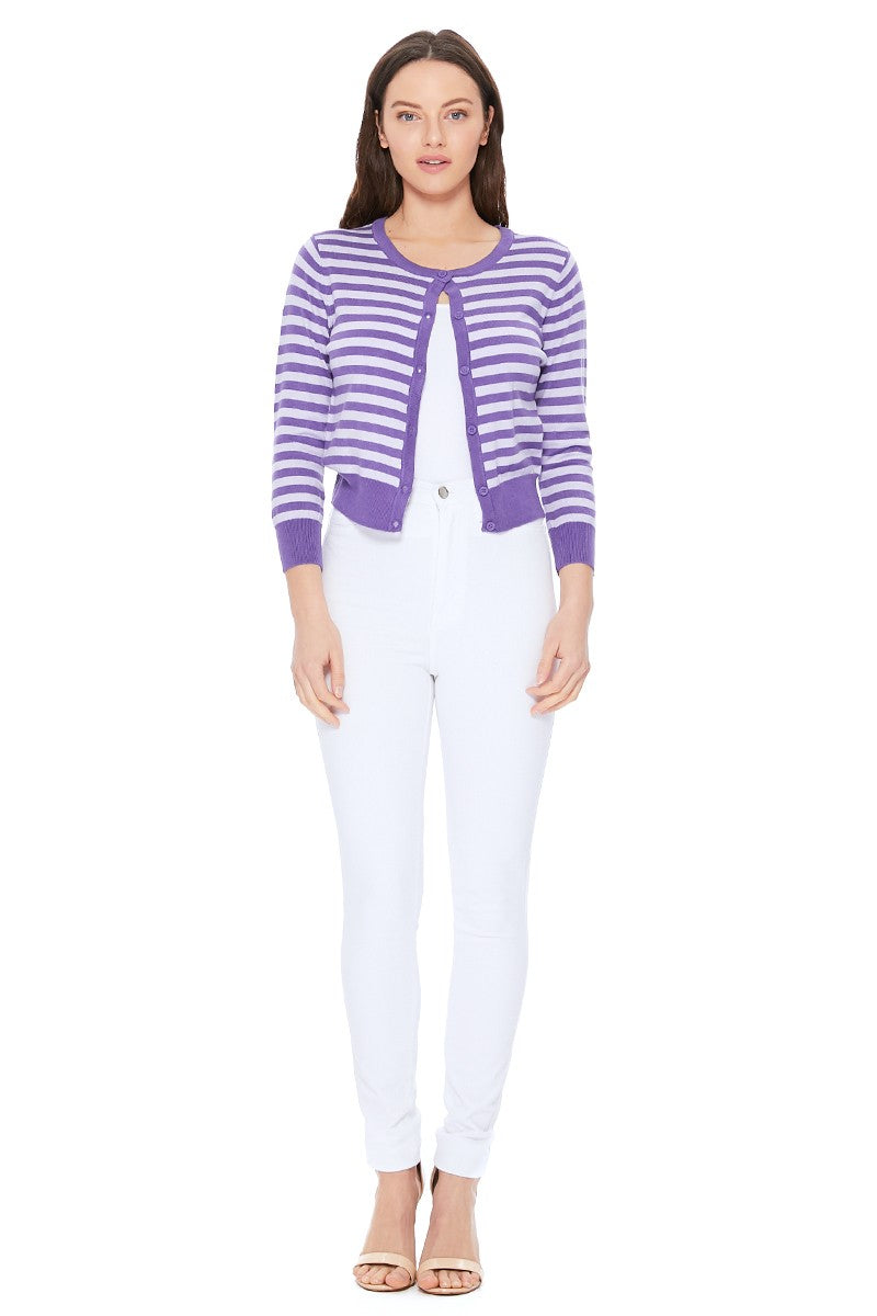 Women's 3/4 Sleeve Crewneck Striped Regular Fit Button-Down Sweater Cardigan MK3521 (S-L)