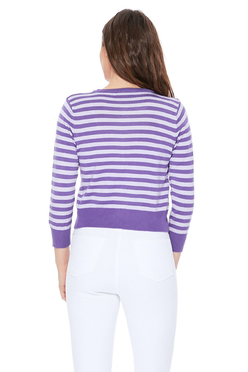 Women's 3/4 Sleeve Crewneck Striped Regular Fit Button-Down Sweater Cardigan MK3521 (S-L)