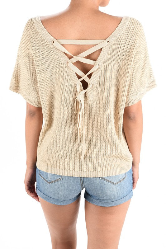 Open Back Half Sleeve Loose Fit Summer Knit Top MK3626 (S-L)