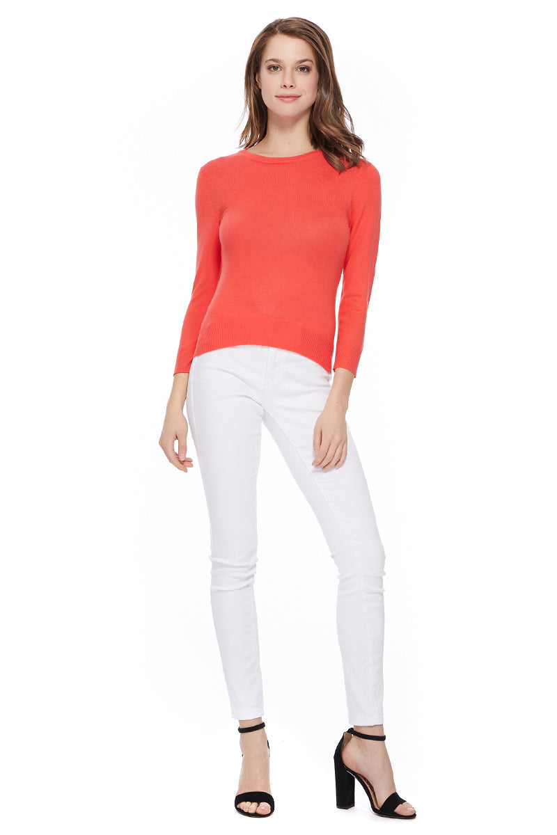 3/4 Sleeve Crewneck Soft Casual Lightweight Basic Solid Knitted Top MK3636 (S-XL)