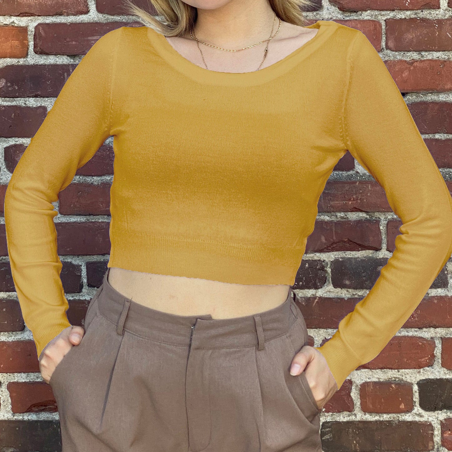 Round Neck Long Sleeve Crop Sweater Knit Crop Top MK3637 (S-XL)