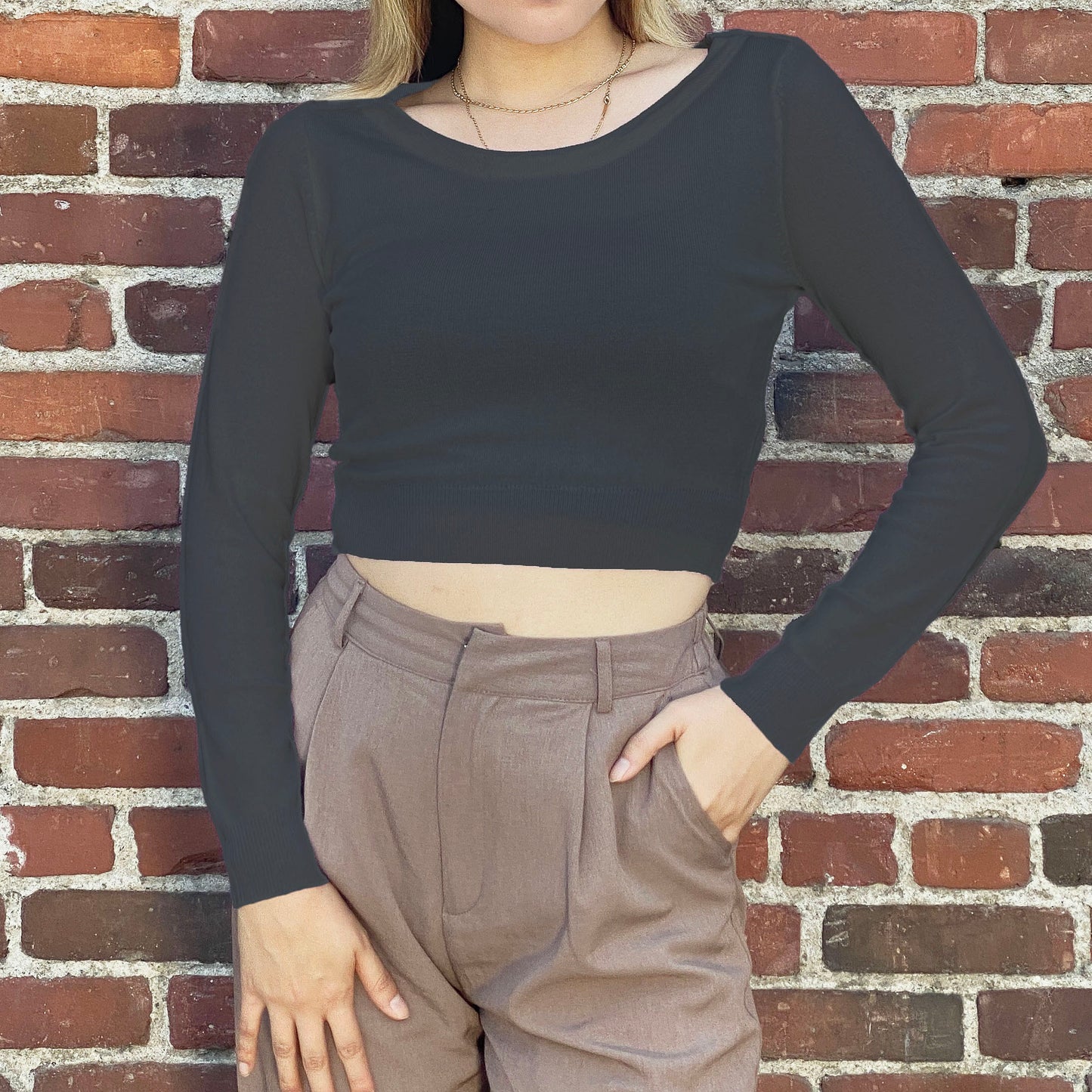 Round Neck Long Sleeve Crop Sweater Knit Crop Top MK3637 (S-XL)