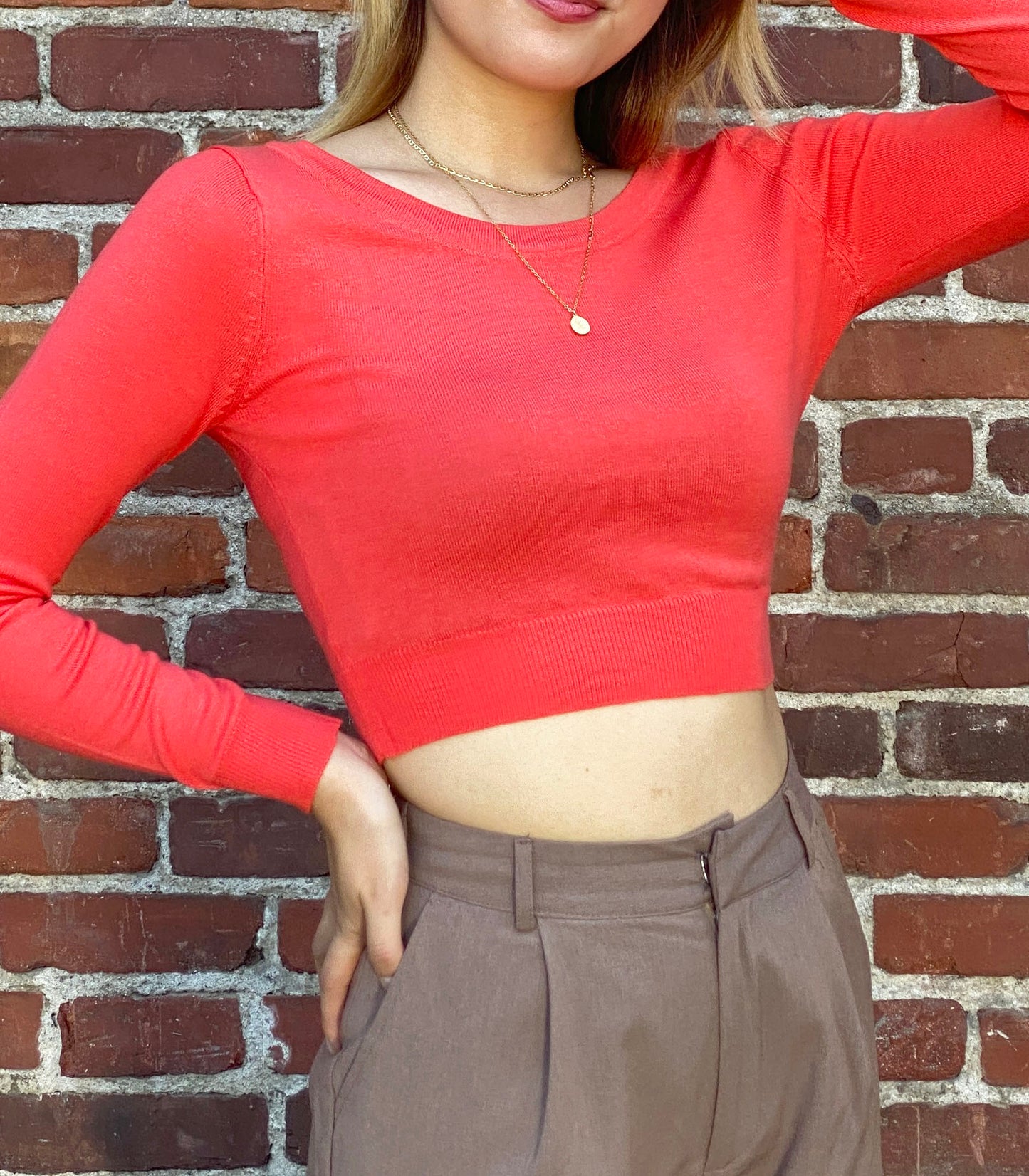 Round Neck Long Sleeve Crop Sweater Knit Crop Top MK3637 (S-XL)