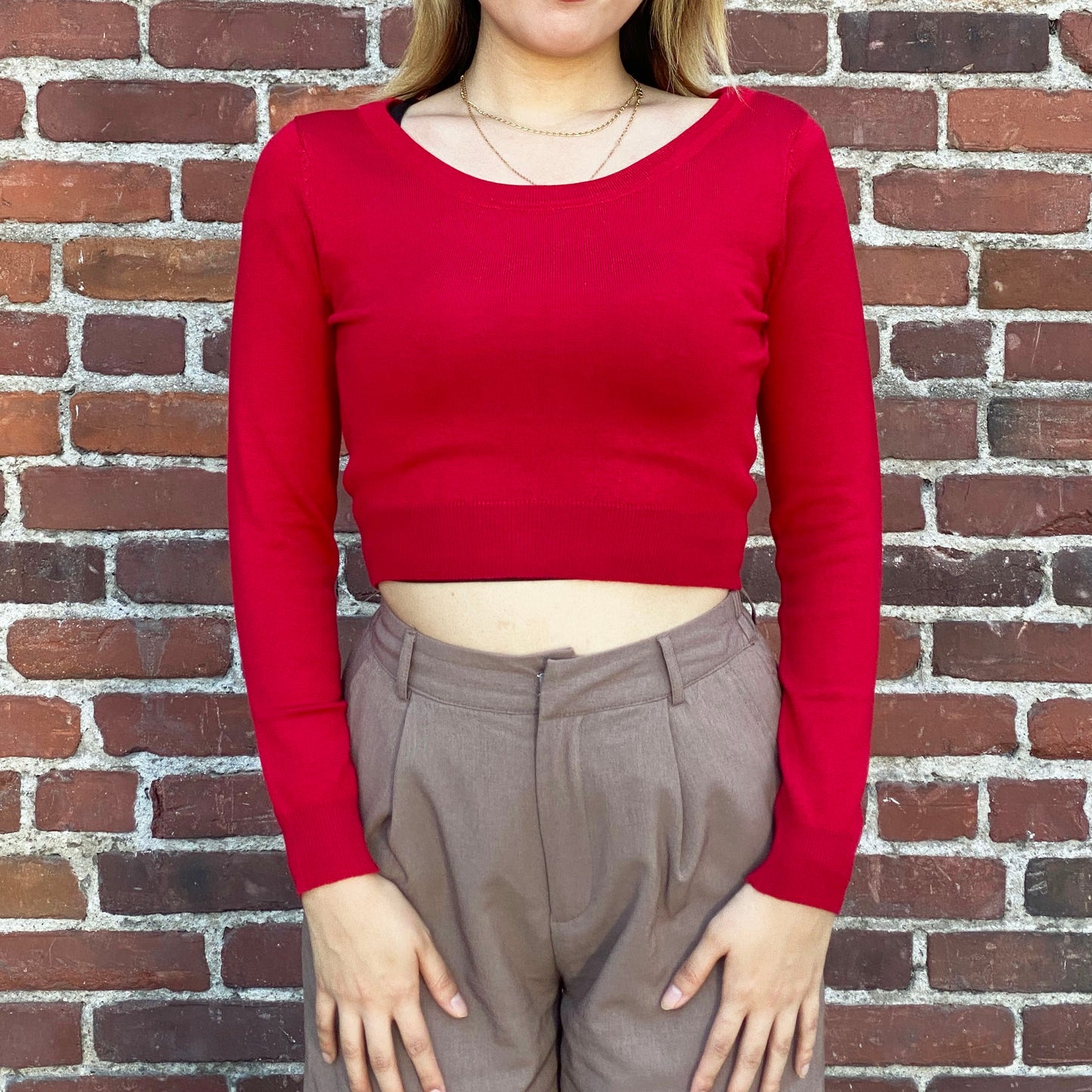 Round Neck Long Sleeve Crop Sweater Knit Crop Top MK3637 (S-XL)