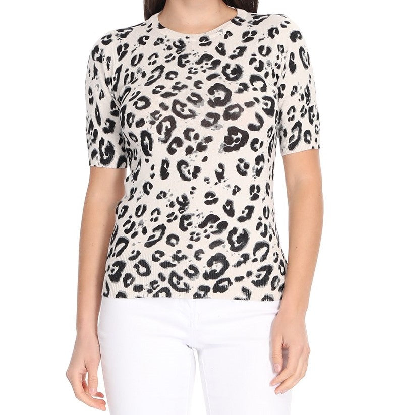 Half Sleeve Crewneck Leopard Print Casual Knit Pullover Tee MK3664/LEO (S-XL)