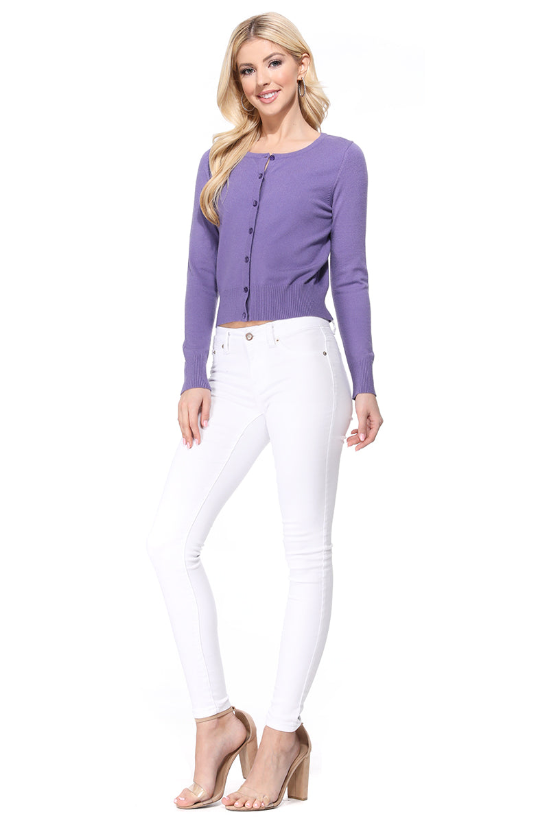 Long Sleeve Crewneck Gem Button Cropped Cardigan Sweater MK5502 (S-XL)