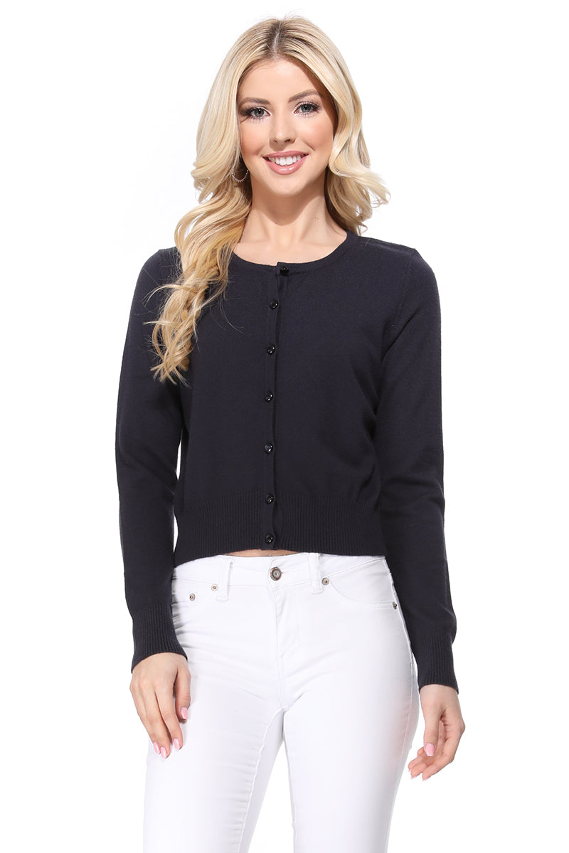 Long Sleeve Crewneck Gem Button Cropped Cardigan Sweater MK5502 (S-XL)