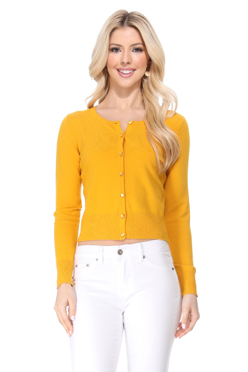 Long Sleeve Crewneck Gem Button Cropped Cardigan Sweater MK5502 (S-XL)