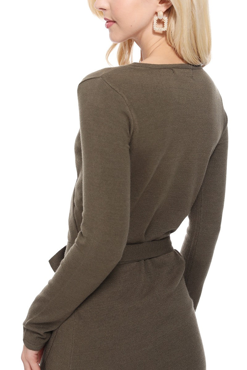 V-Neck Long Sleeve Belted Wrap Sweater Dress MK6008 (S-L)