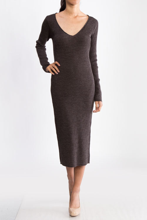 V-Neck Sheer Ribbed Knit Long Sleeve Sweater Dress MK8007 (S-L)