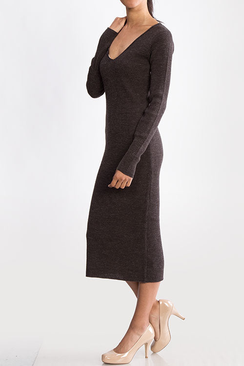 V-Neck Sheer Ribbed Knit Long Sleeve Sweater Dress MK8007 (S-L)