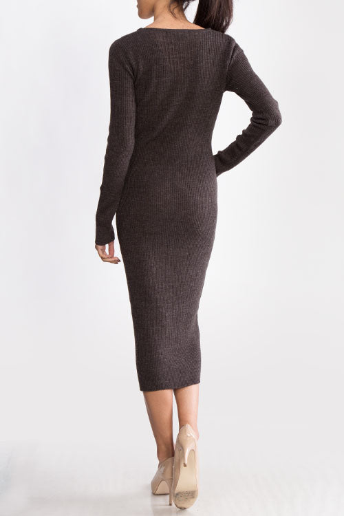 V-Neck Sheer Ribbed Knit Long Sleeve Sweater Dress MK8007 (S-L)