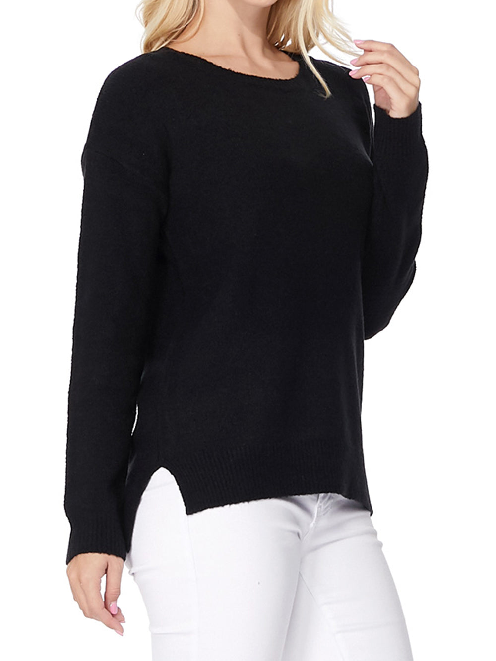 Crewneck Knit Pullover Sweater with Side Slit MK8015 (S-L)