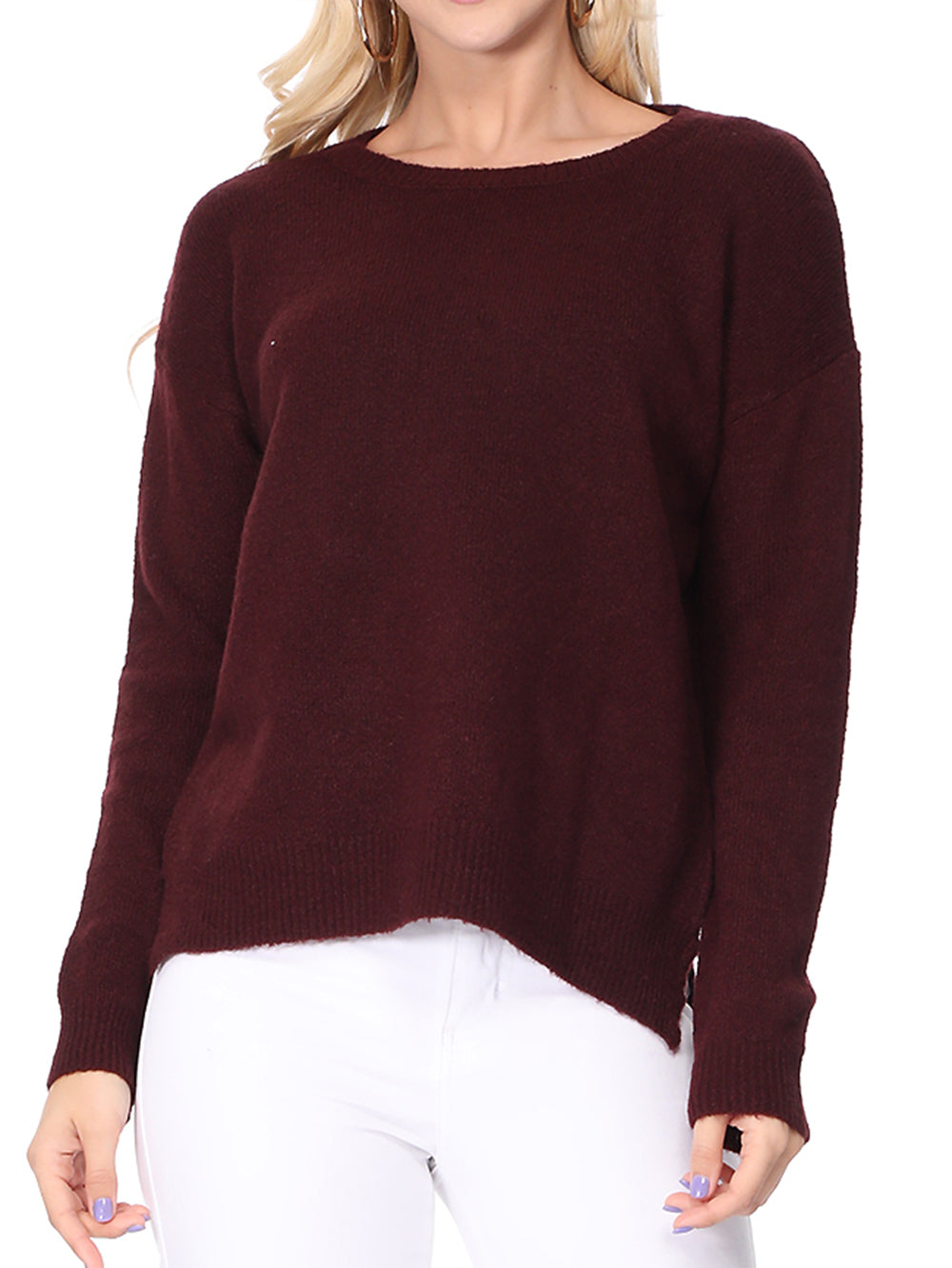 Crewneck Knit Pullover Sweater with Side Slit MK8015 (S-L)