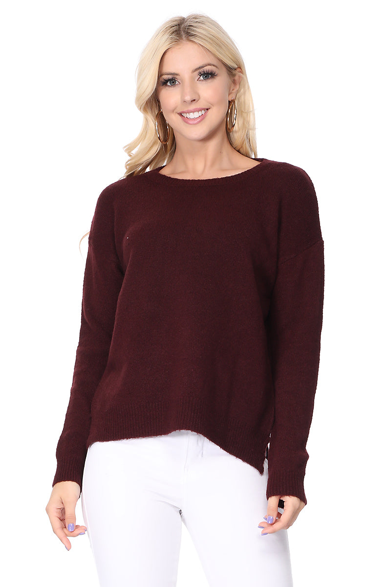 Crewneck Knit Pullover Sweater with Side Slit MK8015 (S-L)