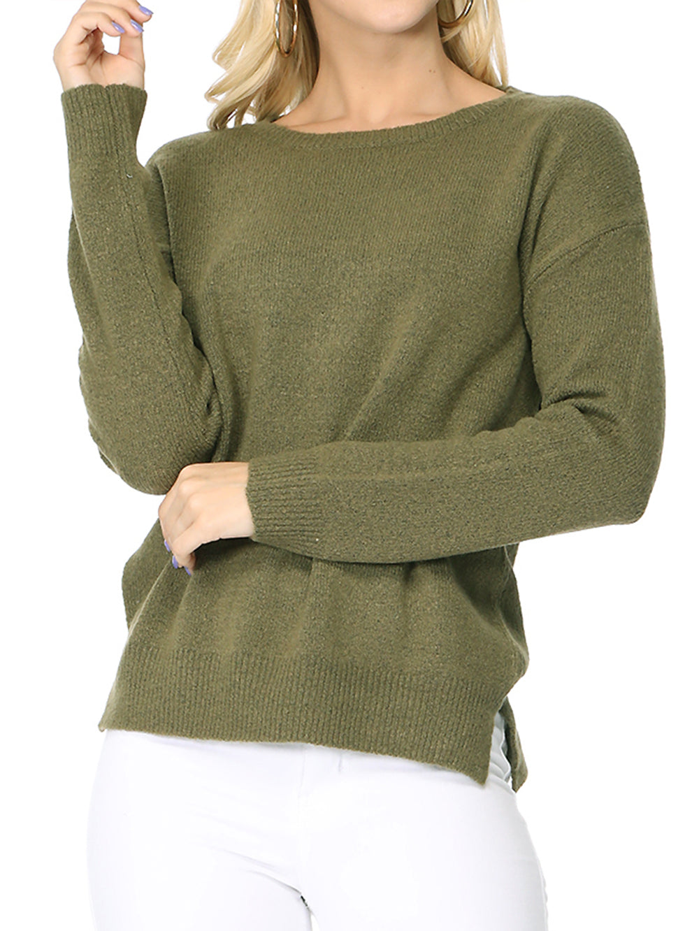 Crewneck Knit Pullover Sweater with Side Slit MK8015 (S-L)